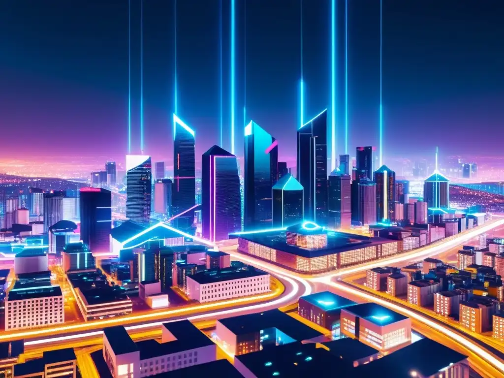 Vista nocturna de metrópolis futurista iluminada por luces de neón, simbolizando la innovación de la Plataforma Ethereum para Smart Contracts