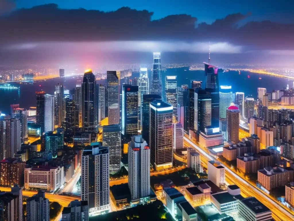 Vista panorámica de la bulliciosa ciudad de noche, con modernos rascacielos iluminados