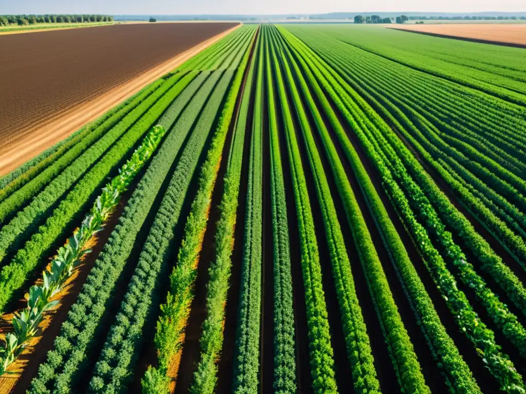 Vista panorámica de un campo agrícola moderno con cultivos en hileras, mostrando tecnología de riego y siembra precisa