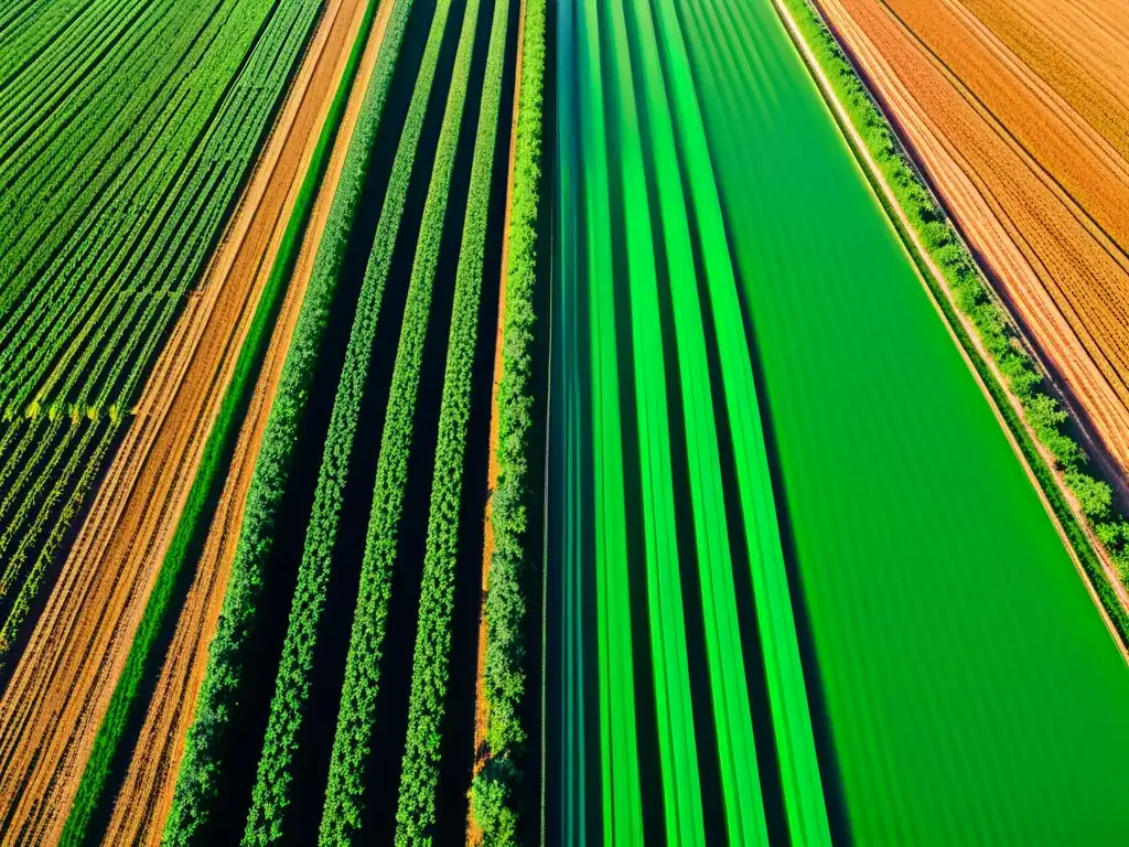 Vista panorámica de campo agrícola moderno con aplicaciones de IoT y IA en agricultura, resaltando innovación y eficiencia