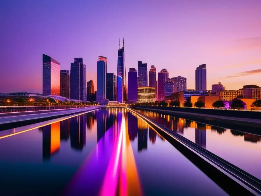 Vista panorámica de la ciudad al atardecer, con arquitectura moderna y calles iluminadas