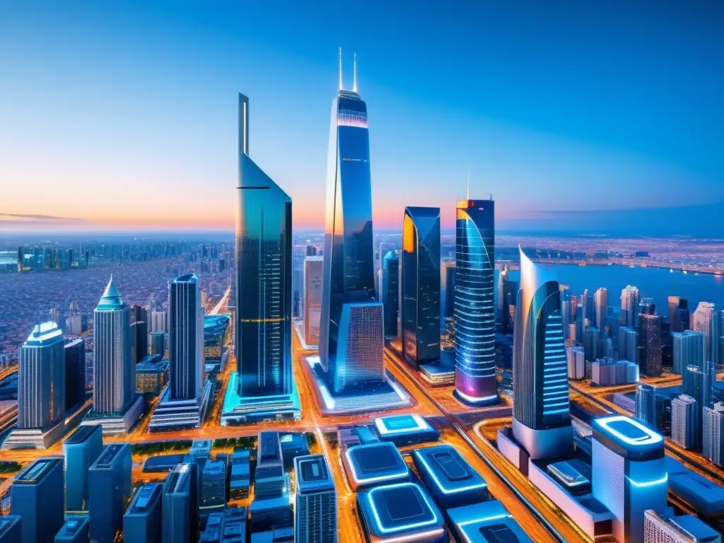 Metrópolis futurista: panorámica detallada de la ciudad del mañana Vista panorámica de una ciudad futurista con rascacielos minimalistas y aplicaciones innovadoras de Machine Learning y Big Data
