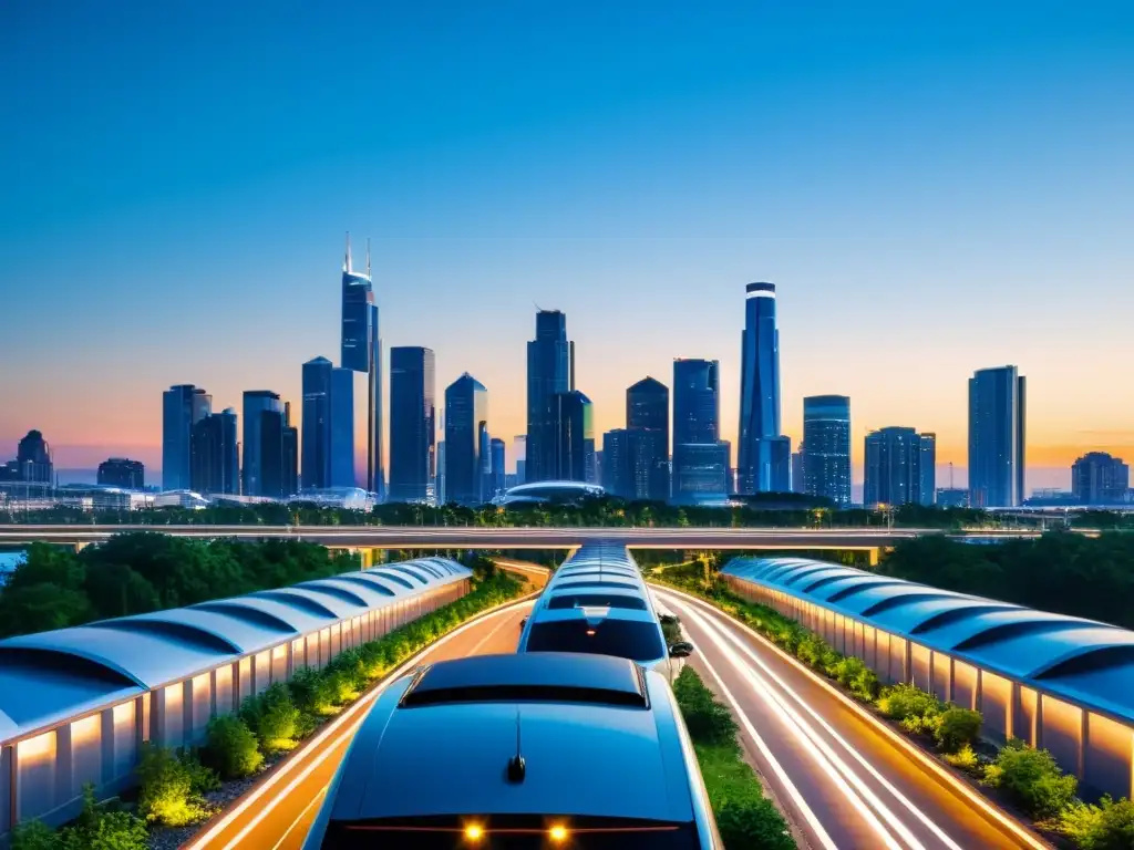 Vista panorámica de una ciudad futurista en la puesta de sol, con edificios energéticamente eficientes y transporte sostenible