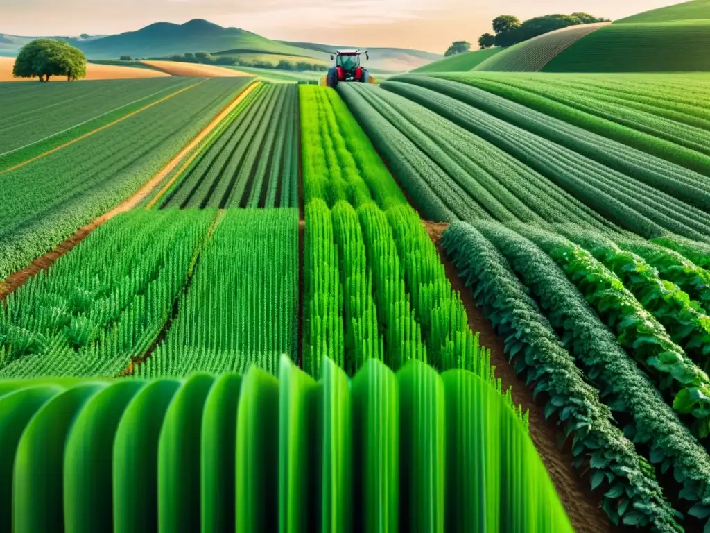 Vista panorámica de cultivos verdes con tecnología 5G, ejemplificando la transformación de la agricultura moderna con 5G