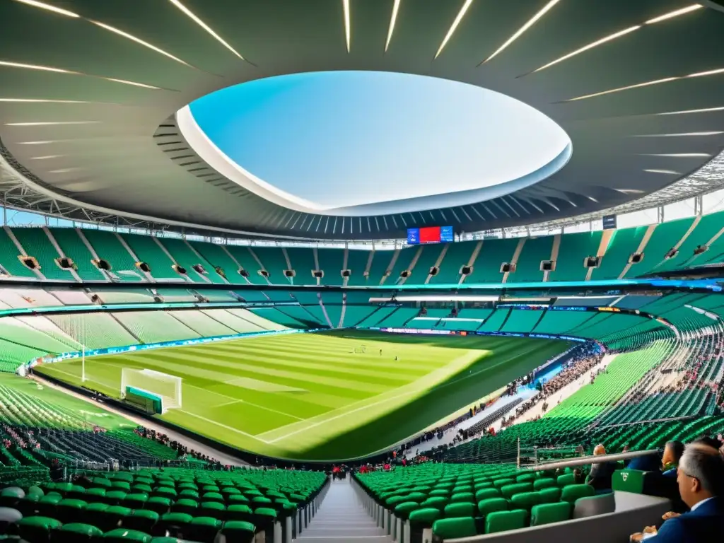 Vista panorámica detallada de un estadio moderno lleno de fanáticos, destacando la emoción del público y la arquitectura