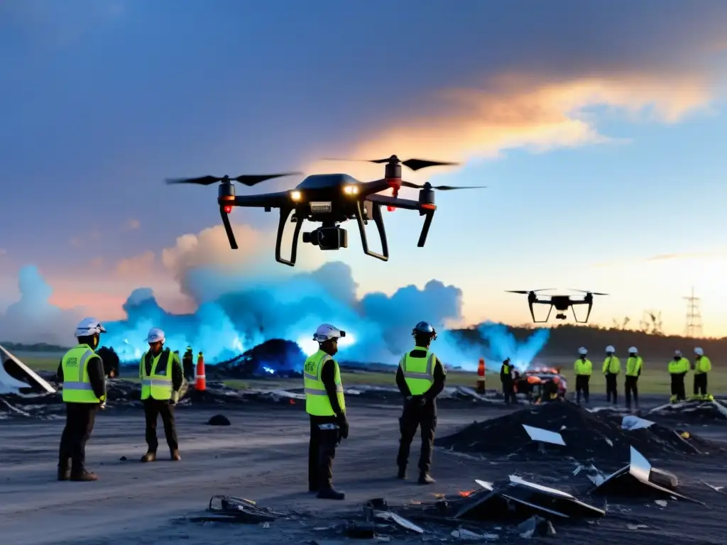 Vista panorámica de drones 5G conectados en operación de rescate al anochecer, reflejando tecnologías emergentes y conectividad duradera