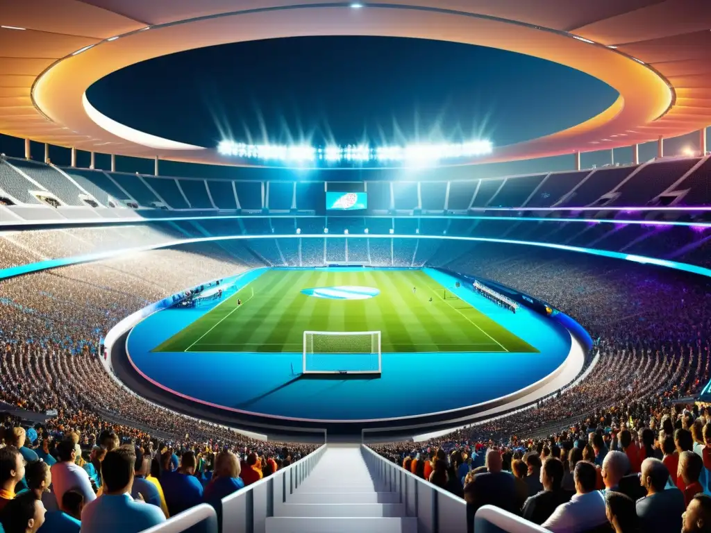 Vista panorámica de un estadio deportivo futurista lleno de aficionados, capturando la emoción y la energía de un evento deportivo habilitado para 5G