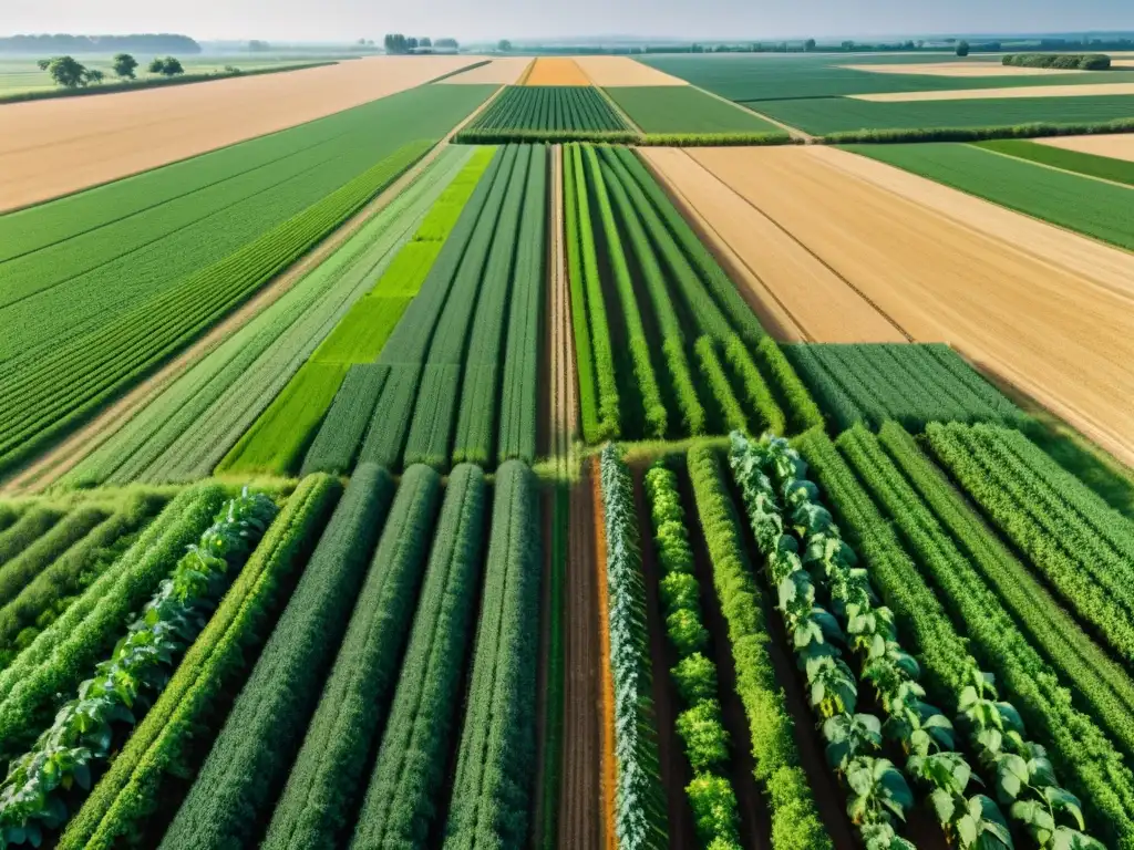 Vista panorámica de un próspero campo agrícola verde con una torre 5G moderna, ilustrando los beneficios del 5G en agricultura sostenible