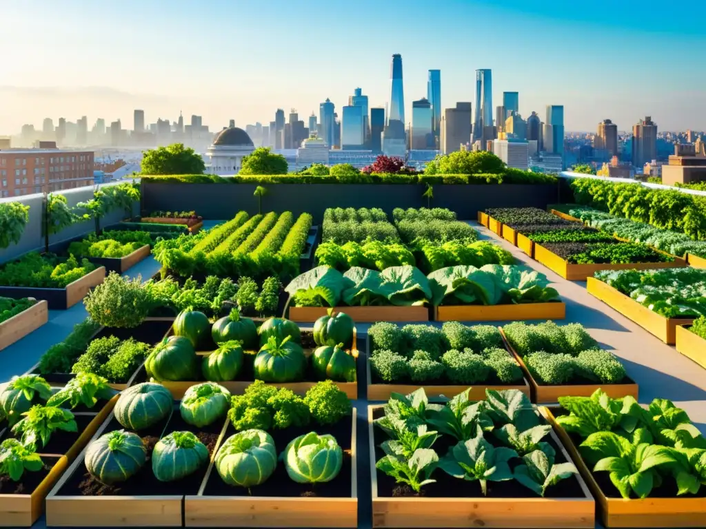 Vista panorámica de un jardín urbano con vegetales y frutas vibrantes, bañado por la luz dorada de la ciudad