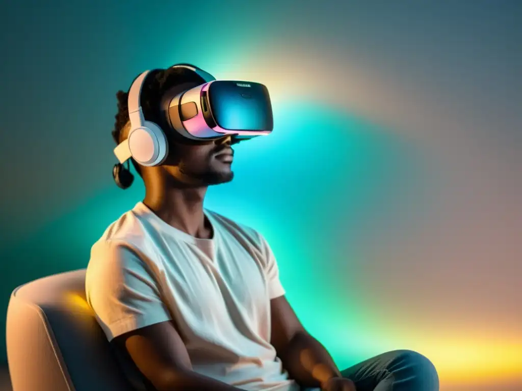 Vista relajada de persona usando auriculares de realidad virtual