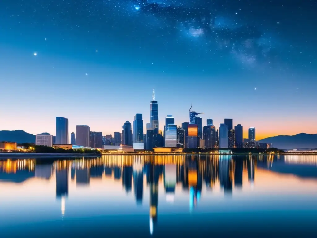 Vista serena de una ciudad futurista al atardecer, con edificios iluminados y un cielo estrellado