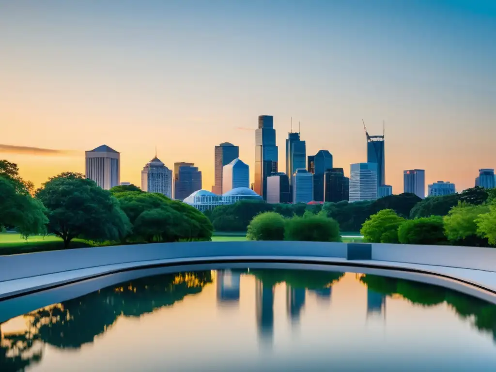 Vista serena de la ciudad moderna al atardecer, con iluminación cálida y equilibrio natural