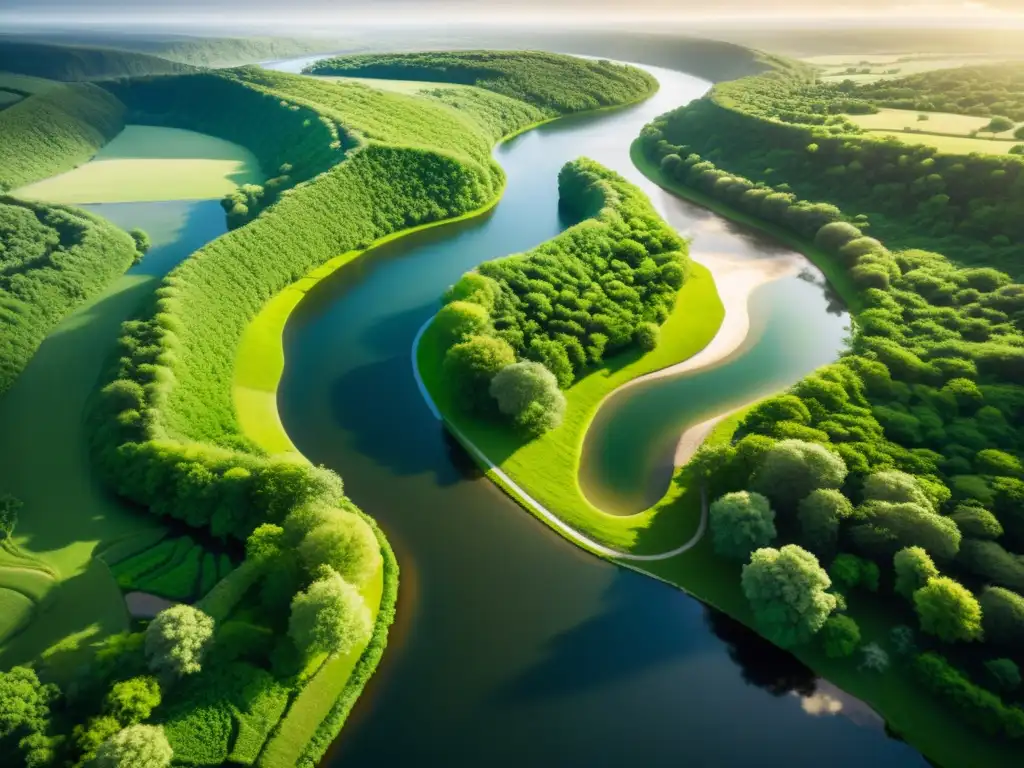 Vista serena del río serpenteante en paisaje verde, con brillo solar en el agua