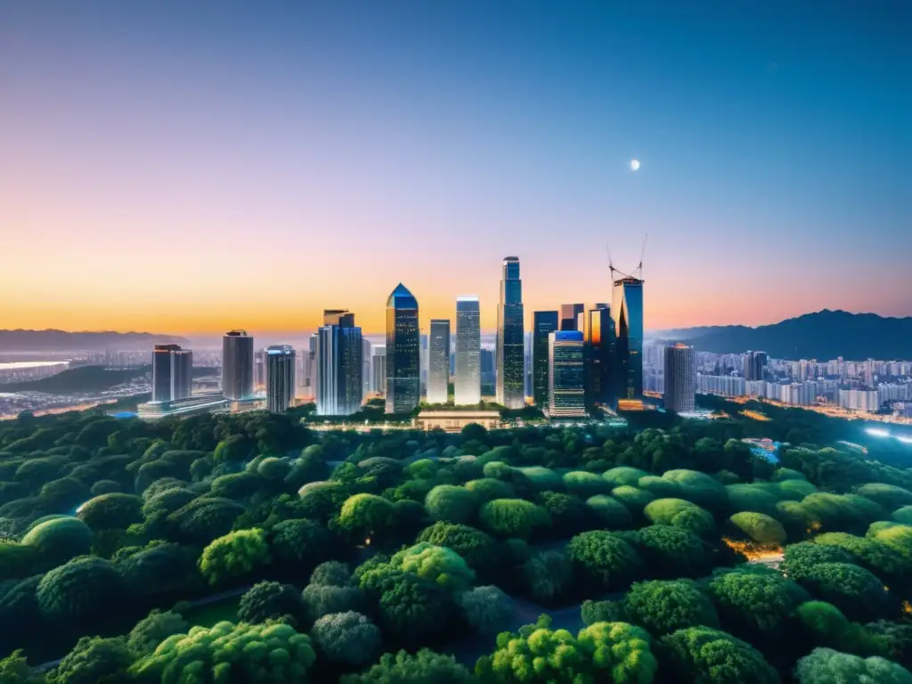 Vista urbana al atardecer con tecnología blockchain iluminando edificios, rodeada de vegetación