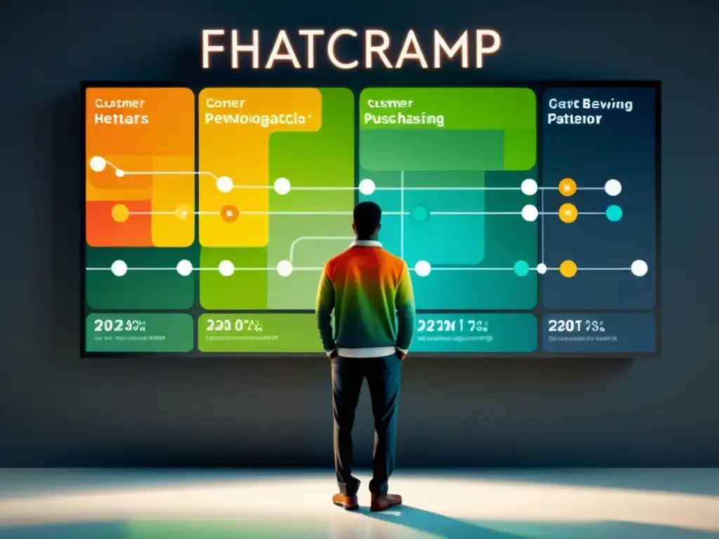 Representación visual del comportamiento de compra en Big Data, con vibrantes nodos interconectados y datos demográficos