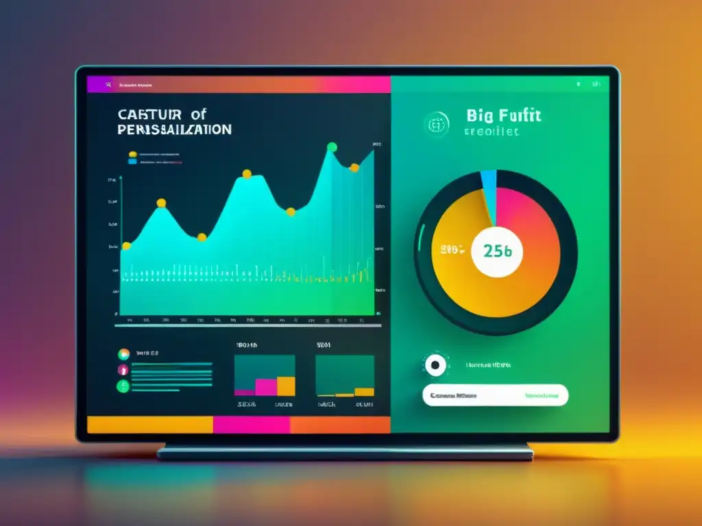 Visual futurista de personalización extrema en marketing digital con datos en pantallas transparentes y gráficos detallados