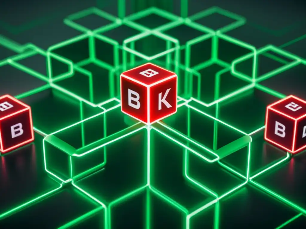 Visual futurista de red blockchain con bloques verdes seguros y rojos amenazantes, representando riesgos del 51% Attack en Blockchain