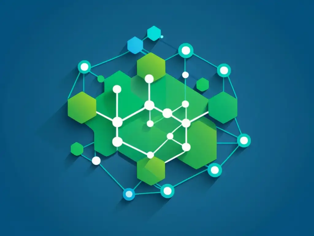 Una representación visual minimalista de nodos blockchain interconectados en tonos azules y verdes, transmitiendo orden y complejidad