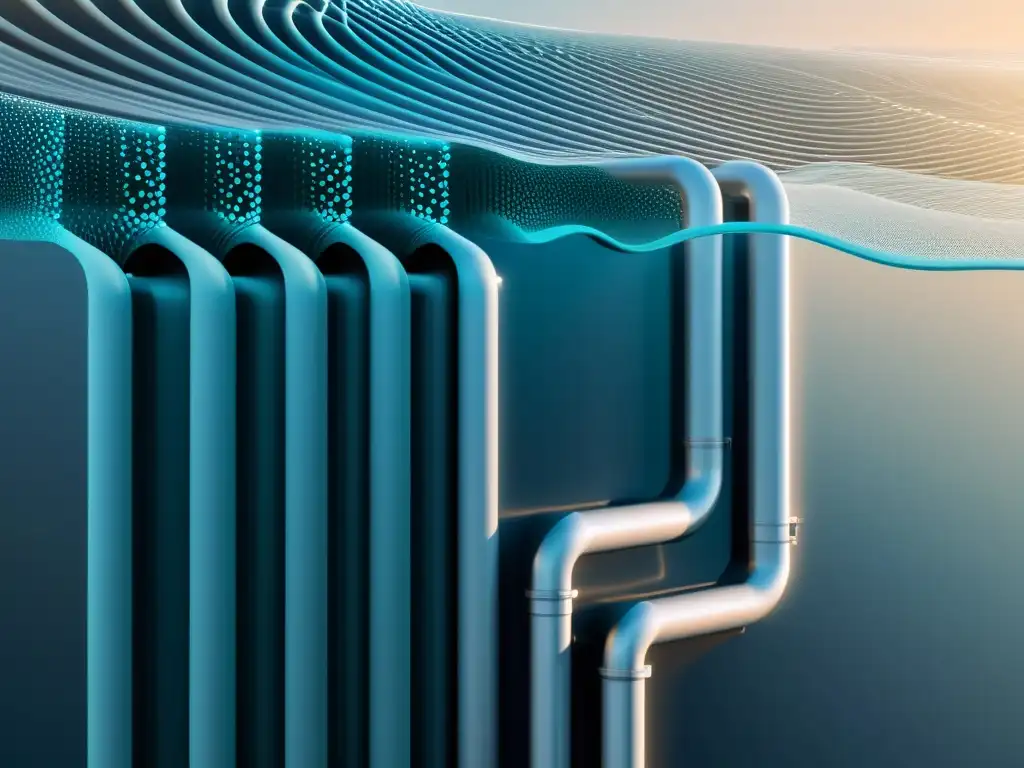Visual minimalista de redes de tuberías y depósitos de agua con datos fluyendo, ilustrando la optimización de recursos hídricos con Big Data