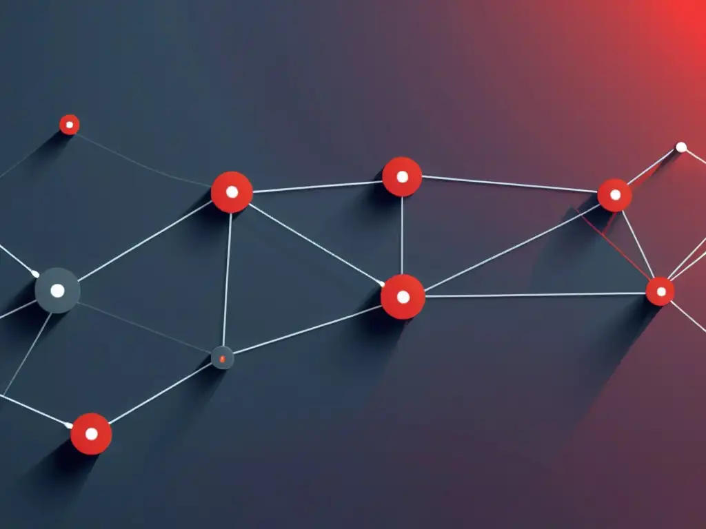 Una representación visual sofisticada y moderna de visualización de datos para fraude, con nodos interconectados y destacados en rojo