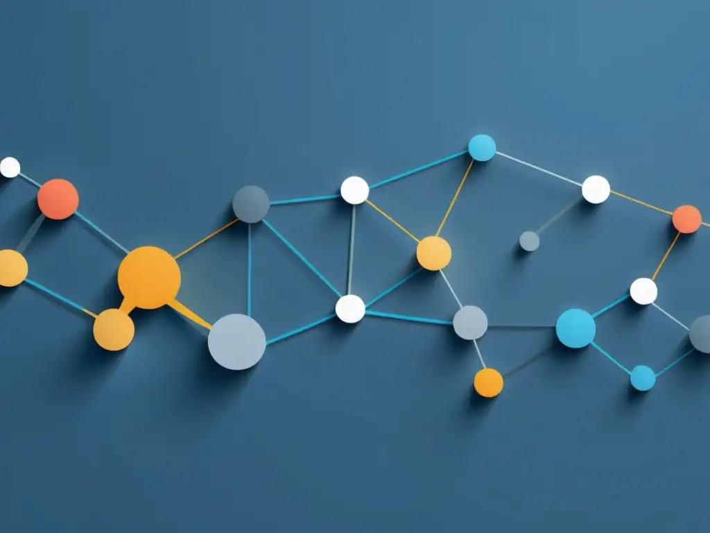 Una visualización de datos para fraude, con puntos y nodos interconectados en tonos de azul y gris, transmitiendo sofisticación y complejidad