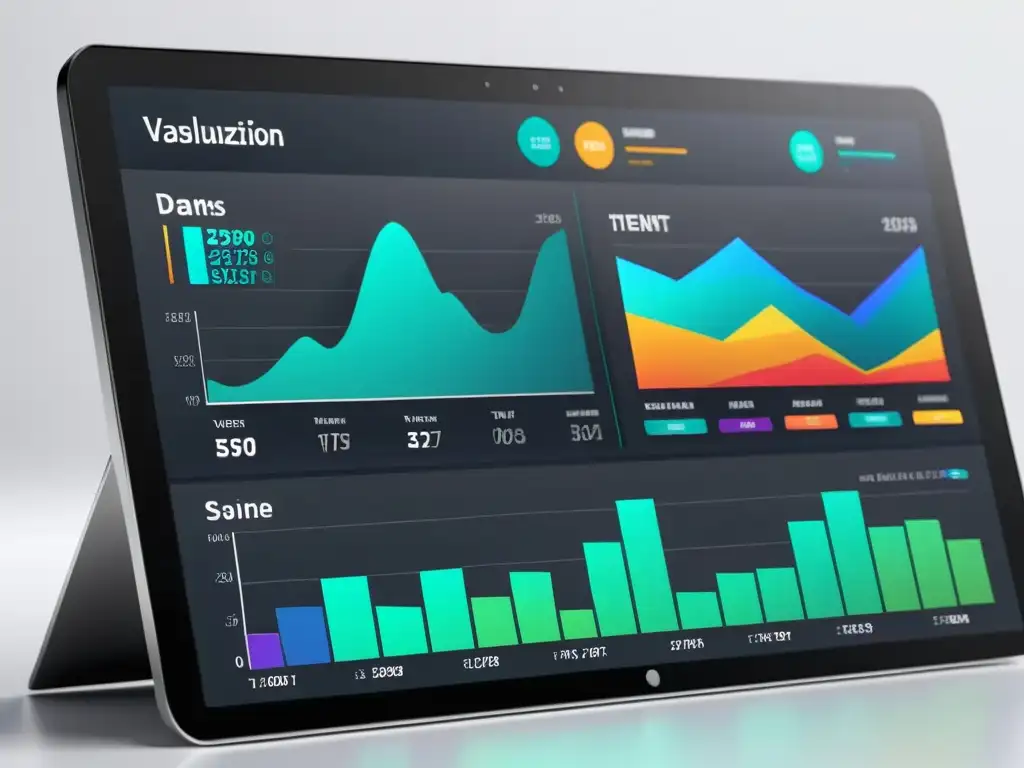 Una visualización de datos futurista y sofisticada con herramientas avanzadas de visualización de datos en un elegante panel minimalista