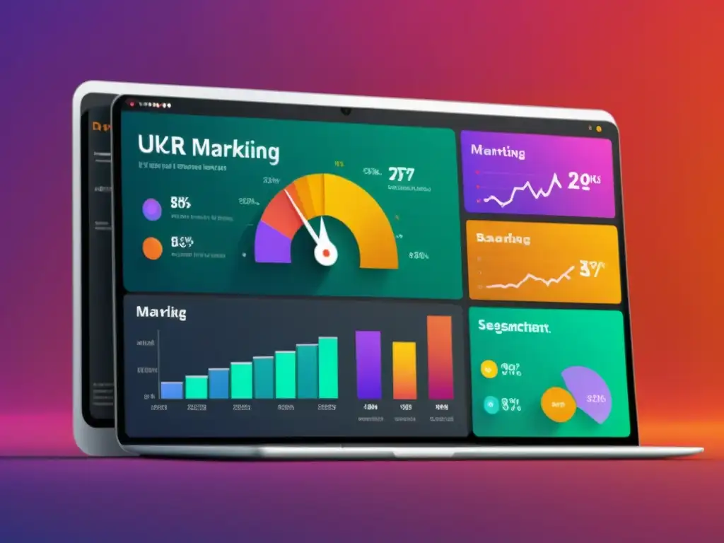 Una visualización de datos en un panel de marketing digital con diseño moderno y colores vibrantes, transmitiendo herramientas analíticas predictivas avanzadas