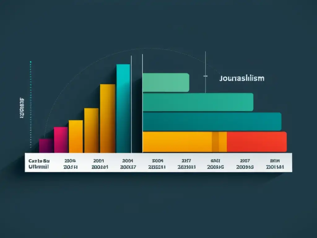 Una visualización de datos en periodismo: gráfico minimalista de colores vibrantes, líneas limpias y etiquetas precisas, exudando profesionalismo informativo