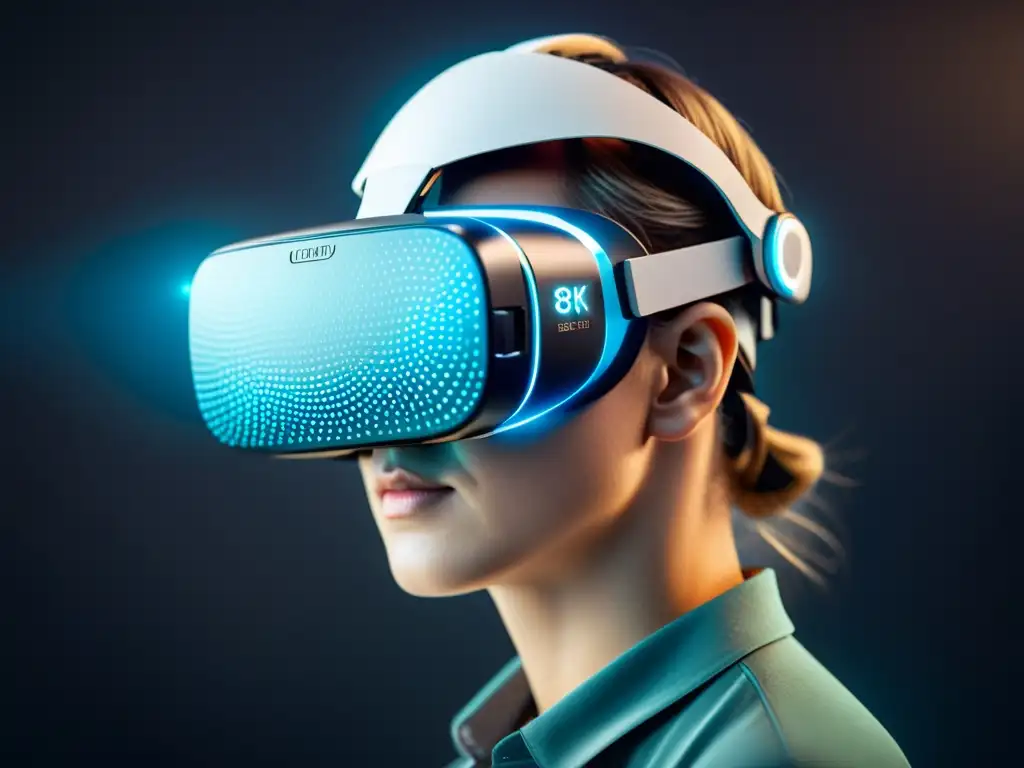 Una visualización de datos en realidad virtual con un headset futurista mostrando datos tridimensionales vibrantes y sofisticados