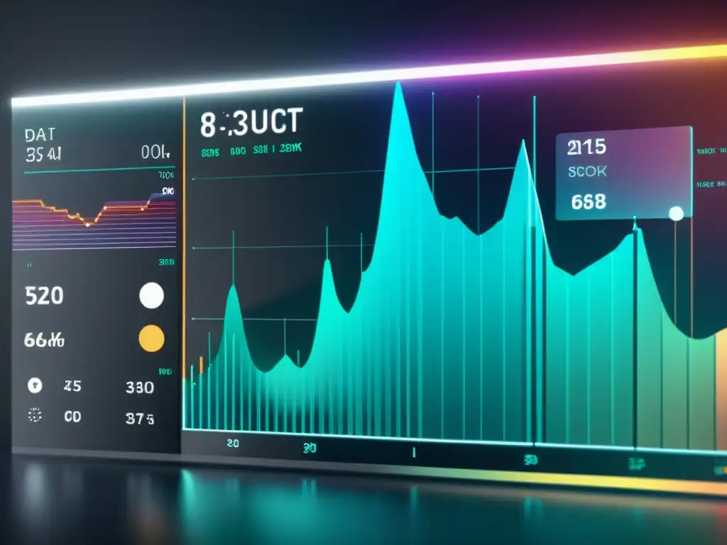 Una visualización de datos en tecnología emergente, con gráficos, tablas y datos en una interfaz digital futurista de alta definición y minimalista