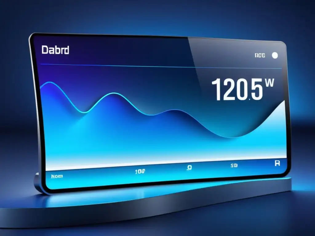 Una visualización de datos en tiempo real con gráficos vibrantes y detalles dinámicos en un panel futurista de cristal con bordes curvos