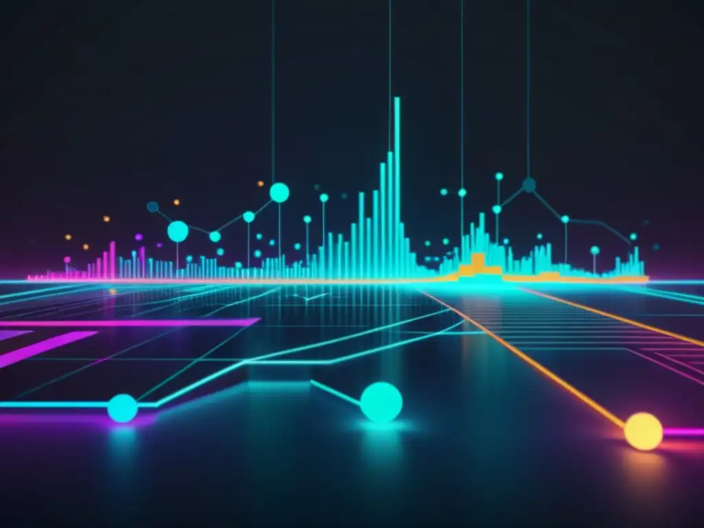 Una visualización detallada en 8k de datos financieros futuristas, con algoritmos de series temporales en IA financiera