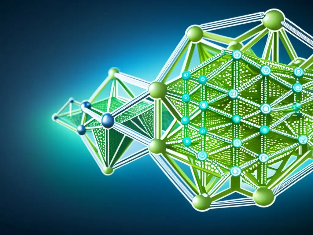 Una visualización detallada de una red de blockchain en tonos de azul y verde