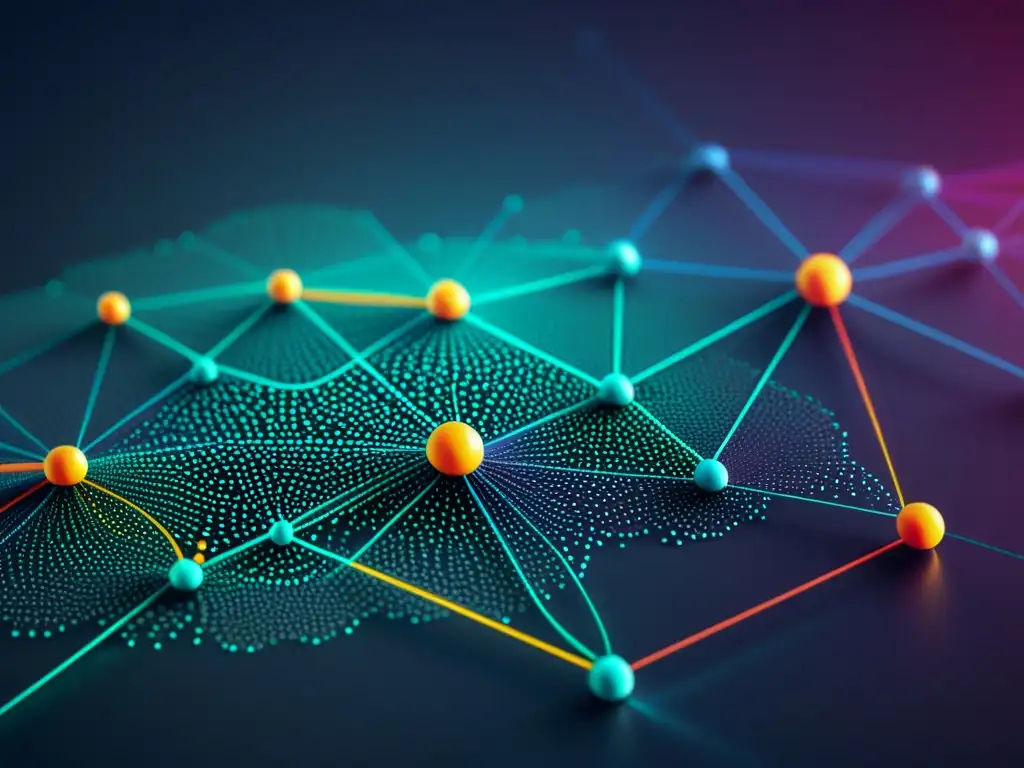 Una visualización elegante y detallada de una red de datos compleja, con técnicas de visualización de datos masivos