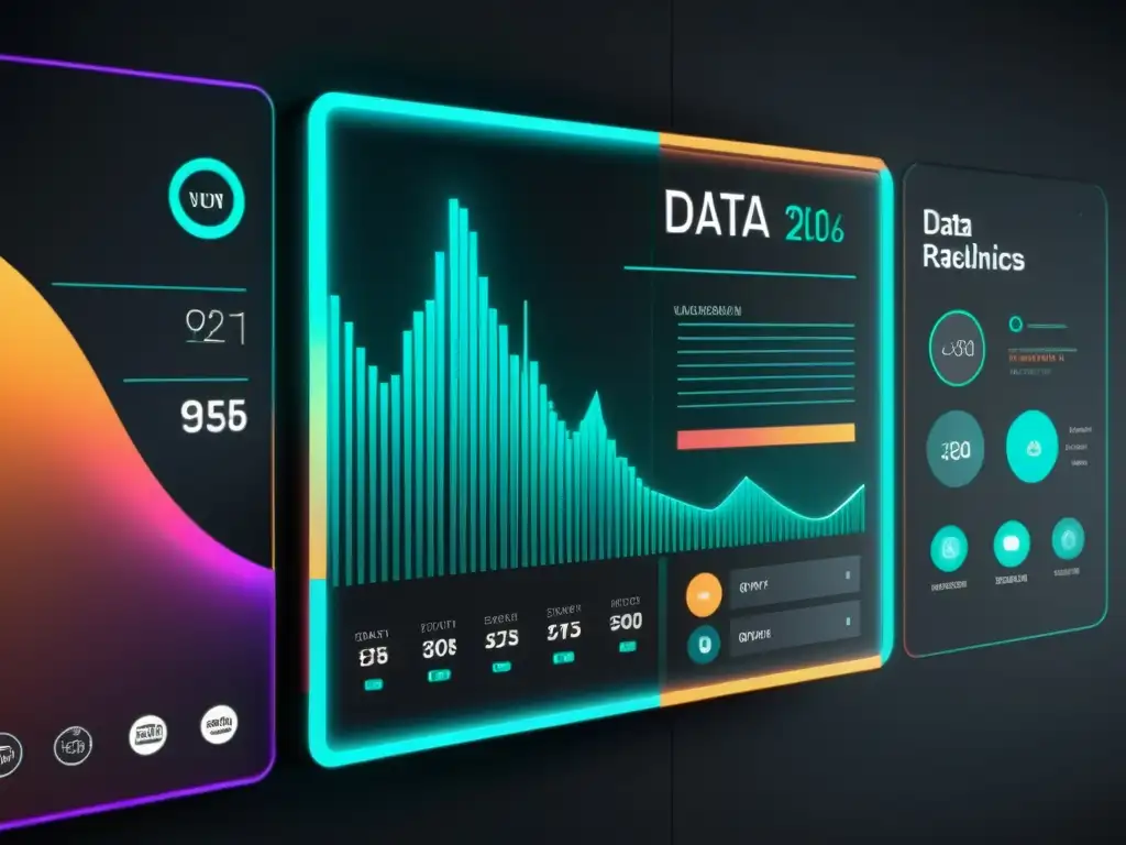 Una visualización futurista y minimalista de datos masivos, con formas geométricas y colores vibrantes en una interfaz de alta tecnología