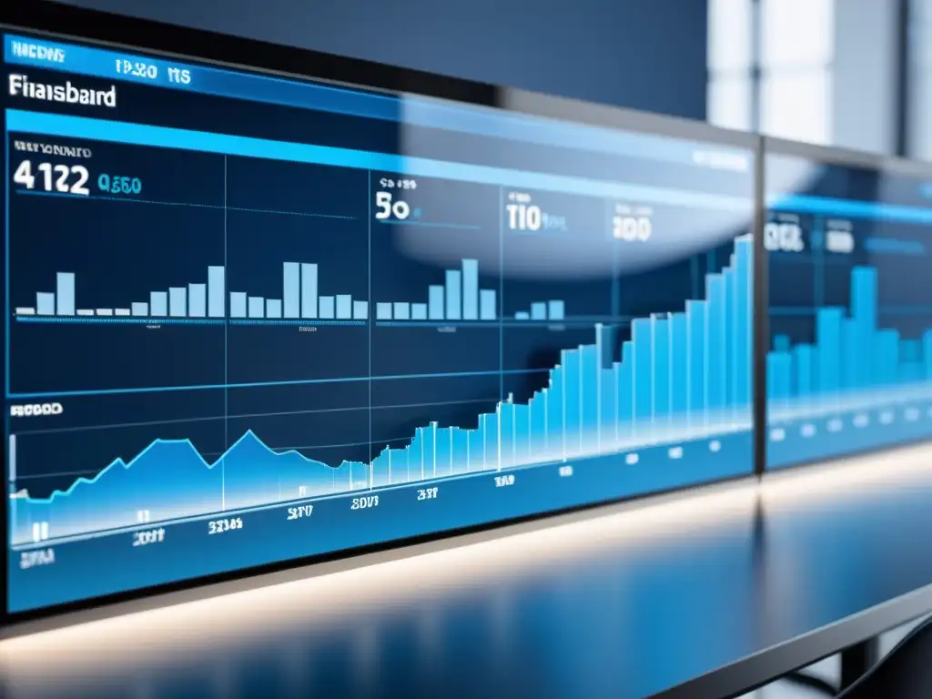 Visualizaciones claras datos financieros: Futurista panel financiero en azul y plata, con gráficos precisos en una oficina moderna y luminosa