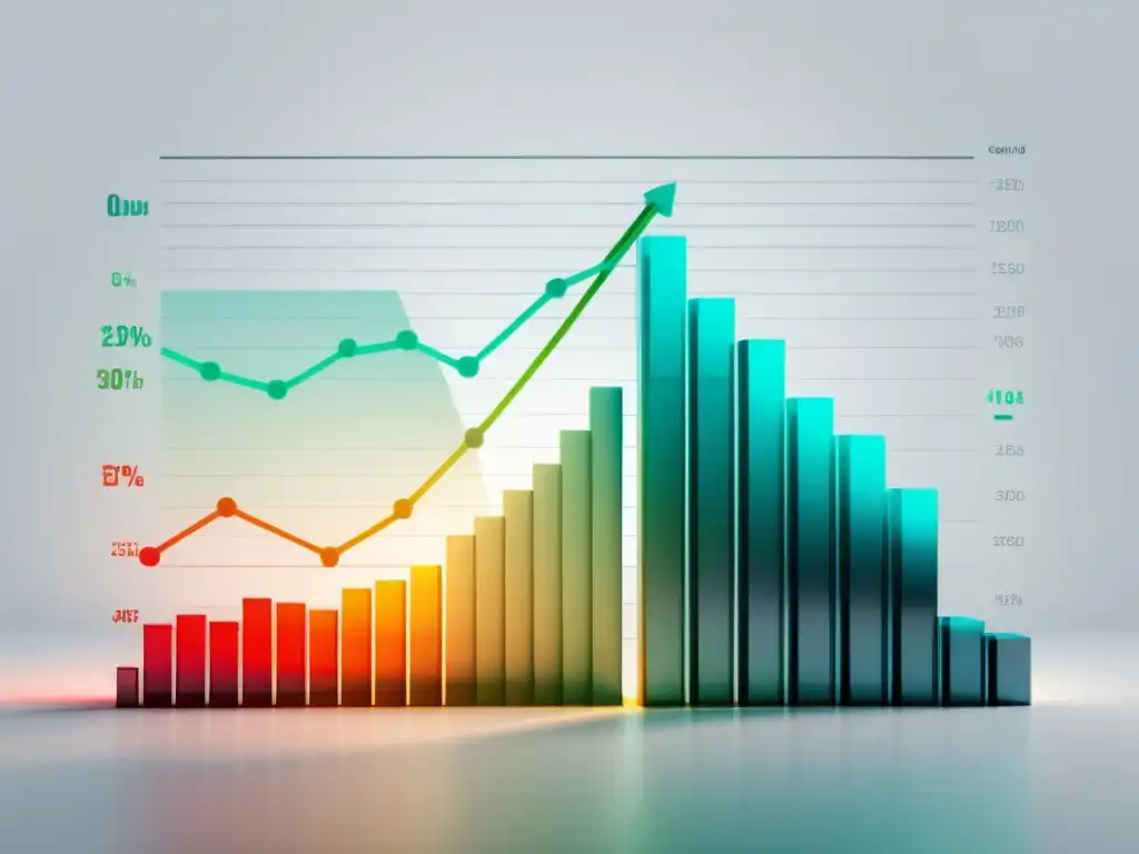 Visualizaciones claras de datos financieros en gráficos y barras conectados en un fondo blanco