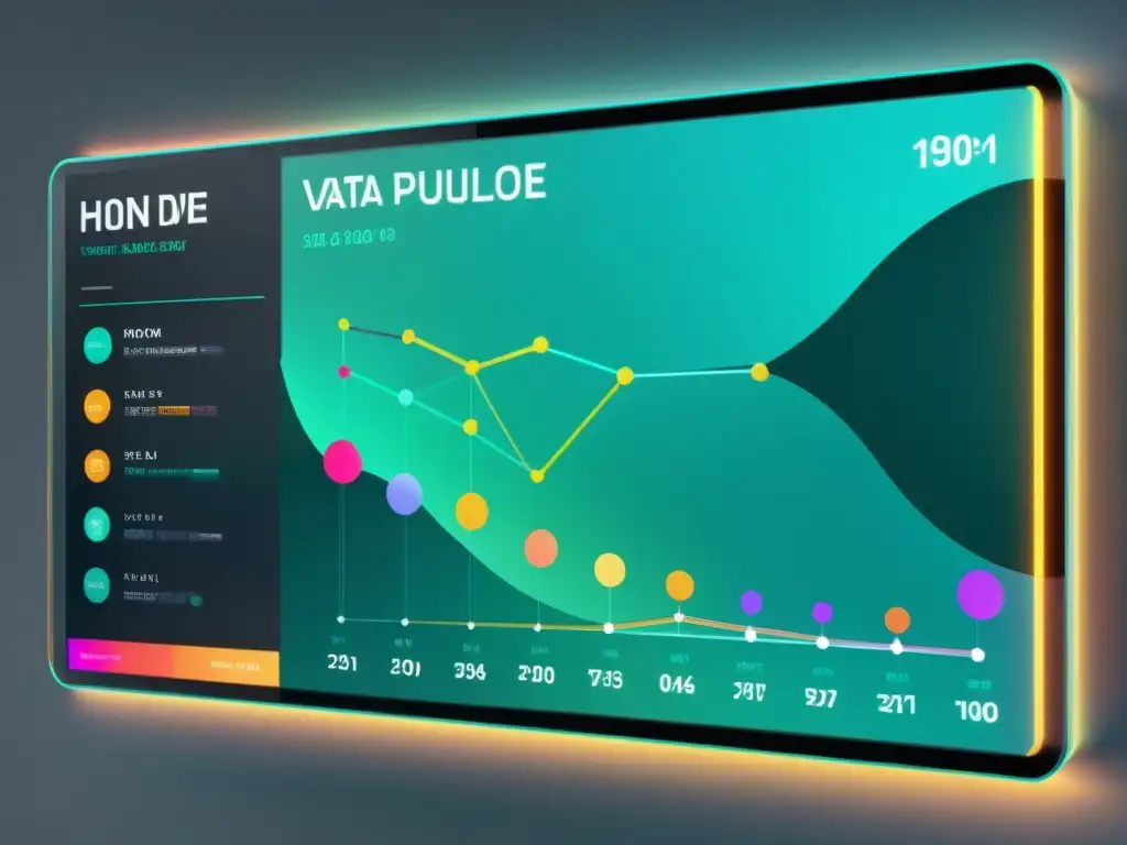 Visualizaciones de datos tecnológicos interactivos en una interfaz futurista y minimalista, con colores vibrantes y líneas limpias