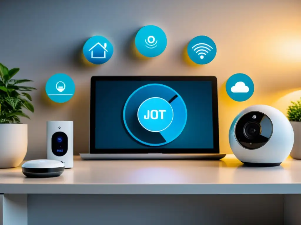 Vulnerabilidades comunes en IoT: una sala moderna con dispositivos interconectados de seguridad, como cerraduras y cámaras, expuestos a ciberataques